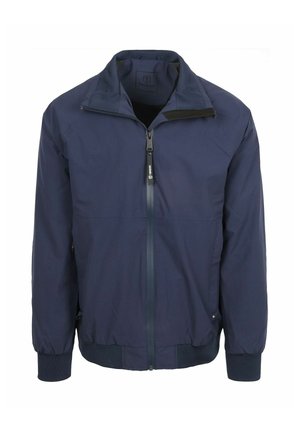 Marineblauwe lichtgewicht jas met voorrits, hoge kraag, elastische manchetten en zoom, geschikt voor casual dragen en buitenactiviteiten.