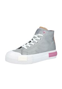 Zapatilla alta de lona gris con suela de goma blanca, acentos en rosa y naranja, y cordones blancos. Presenta una pestaña de agarre texturizada.