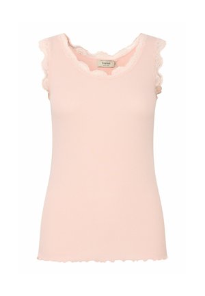 Bledě růžový upnutý tílko s krajkovým lemem na výstřihu a ramenech, vyrobené z žebrované látky, s vlnkovaným spodním lemem.