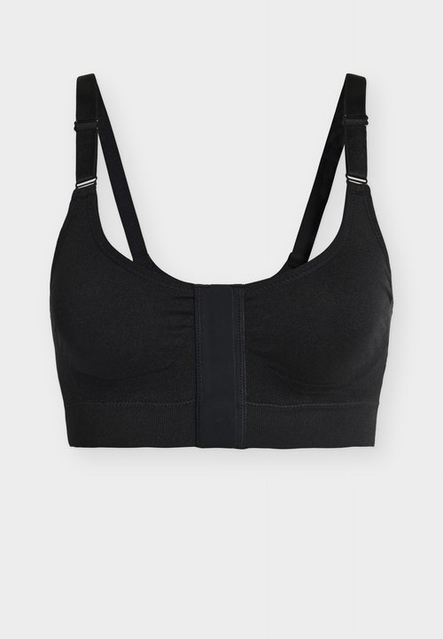 Brassière de sport noire avec fermeture devant, bretelles réglables et tissu sans couture pour maintien et confort.