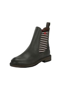 Ciemnoszare skórzane botki za kostkę o eleganckim designie, z paskiem elastycznym w paski po bokach, z ozdobnym czerwonym sercem oraz brązową teksturowaną podeszwą.