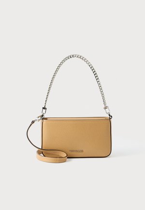 Tan leather rectangular shoulder bag with silver chain handle and attached tan leather strap, embossed "Michael Kors" logo on front.