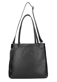 Borsa tote in pelle nera con doppi manici, texture liscia e tasca con zip su un lato. Design minimalista con logo discreto.