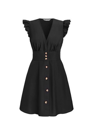 Vestido negro sin mangas en línea A con hombros con volantes, escote en V profundo, cinturilla ancha y una fila frontal de botones marrón claro.