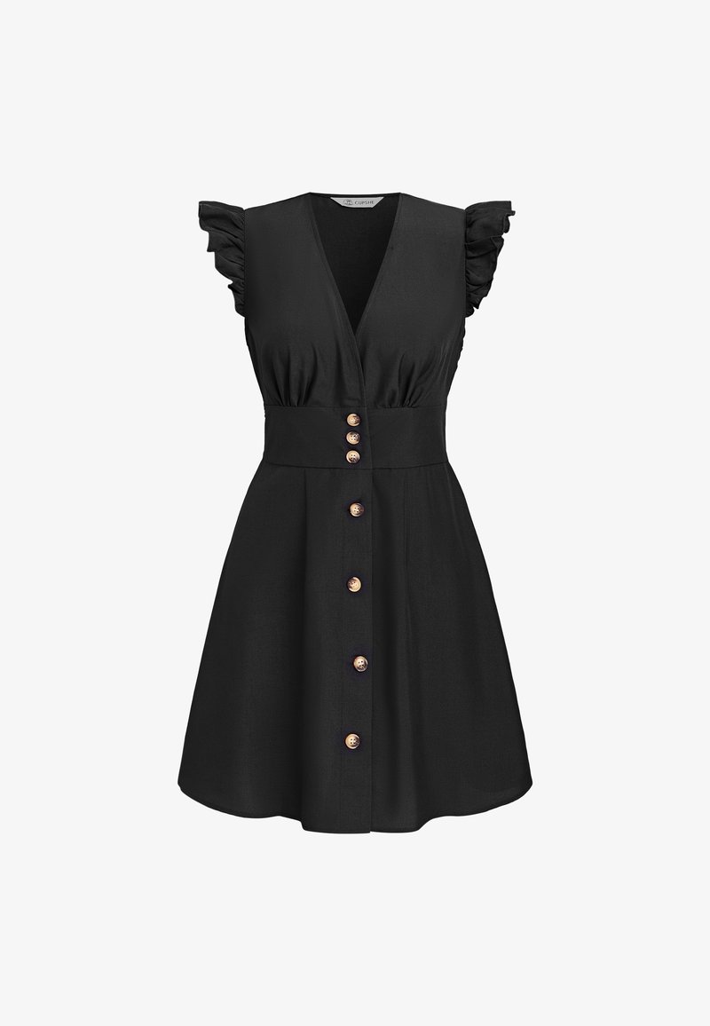 Zwarte mouwloze A-lijn jurk met geschulpte schouders, diepe V-hals, brede tailleband en een voorste rij lichtbruine knopen.