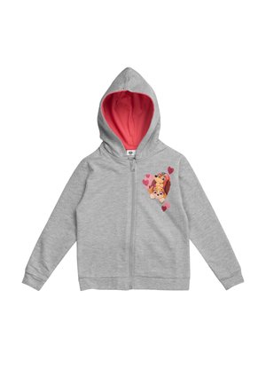 Felpa grigia con zip realizzata in misto cotone, con un interno corallo, una grafica che rappresenta due cani da cartone animato e dettagli a forma di cuore rosa.