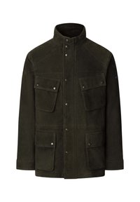 Giacca in suede verde scuro con colletto alto, quattro tasche anteriori, chiusure a pressione e dettagli di cucitura a contrasto.