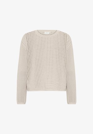 Maglione cropped color beige chiaro realizzato in tessuto a maglia aperta, con maniche lunghe e collo rotondo. Motivo testurizzato con cuciture visibili.