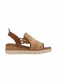 La sandaletta con zeppa intrecciata presenta un vivace motivo a zigzag, cinturini in pelle e una suola piattaforma beige per comfort e stabilità.