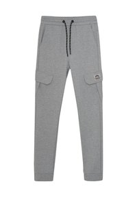 Grå bomullsbyxor med resårmidja, dragsko, två sidofickor och cargofickor. Har en logotyp patch på låret.