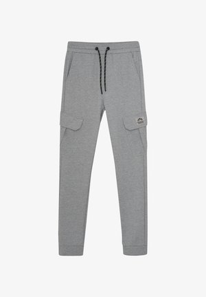 Grijze katoenen joggingbroek met een elastische tailleband, koord, twee zijzakken en cargozakken. Voorzien van een logo patch op de dij.