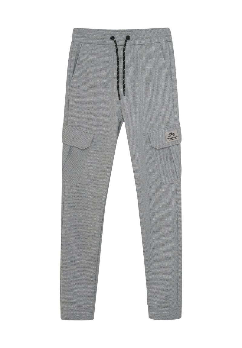 Grå bomullsbyxor med resårmidja, dragsko, två sidofickor och cargofickor. Har en logotyp patch på låret.