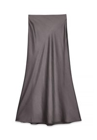Gonna maxi in satin grigia con una texture liscia e forma a A, caratterizzata da una lunghezza intera e un design semplice senza decorazioni.