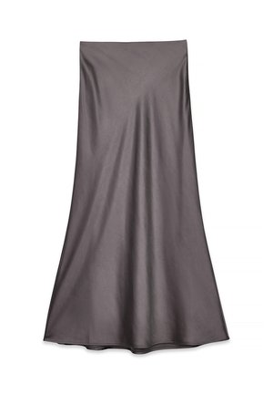 Gray satin maxi skirt with a smooth texture and A-line shape, featuring a full length and simple design without embellishments.