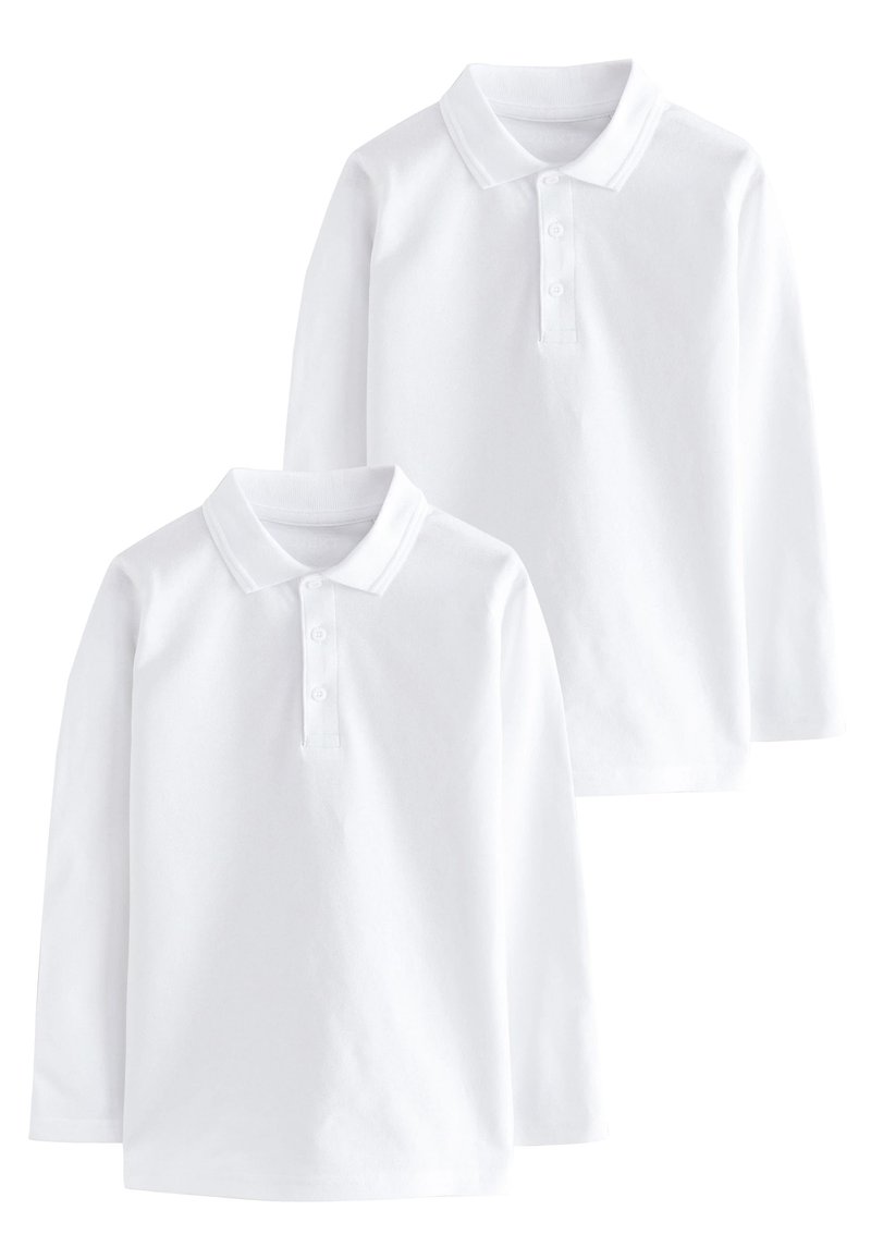 Chemises polo blanches à manches longues, dotées d'un col classique, d'une patte de boutonnage à trois boutons et de poignets côtelés, fabriquées dans un tissu doux et respirant.