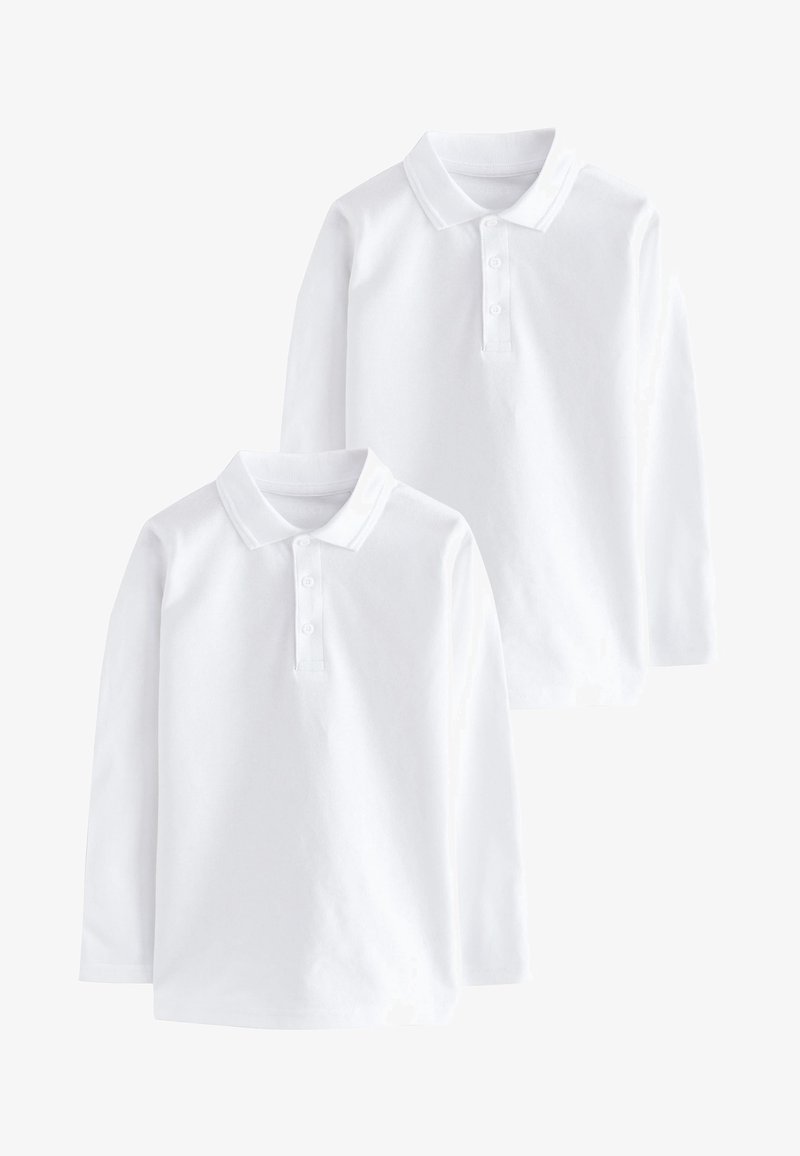 Witte poloshirts met lange mouwen, voorzien van een klassieke kraag, een drukknoopsluiting met drie knopen en ribgebreide manchetten, gemaakt van een zachte, ademende stof.