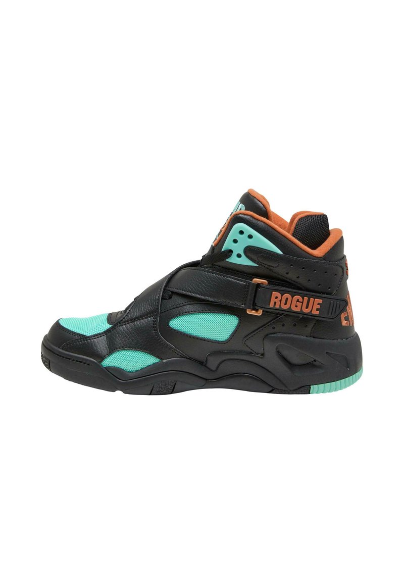 Zapatillas deportivas negras con acentos turquesa y paneles de textil, con un diseño de caña alta, correa ajustable y suela de goma.
