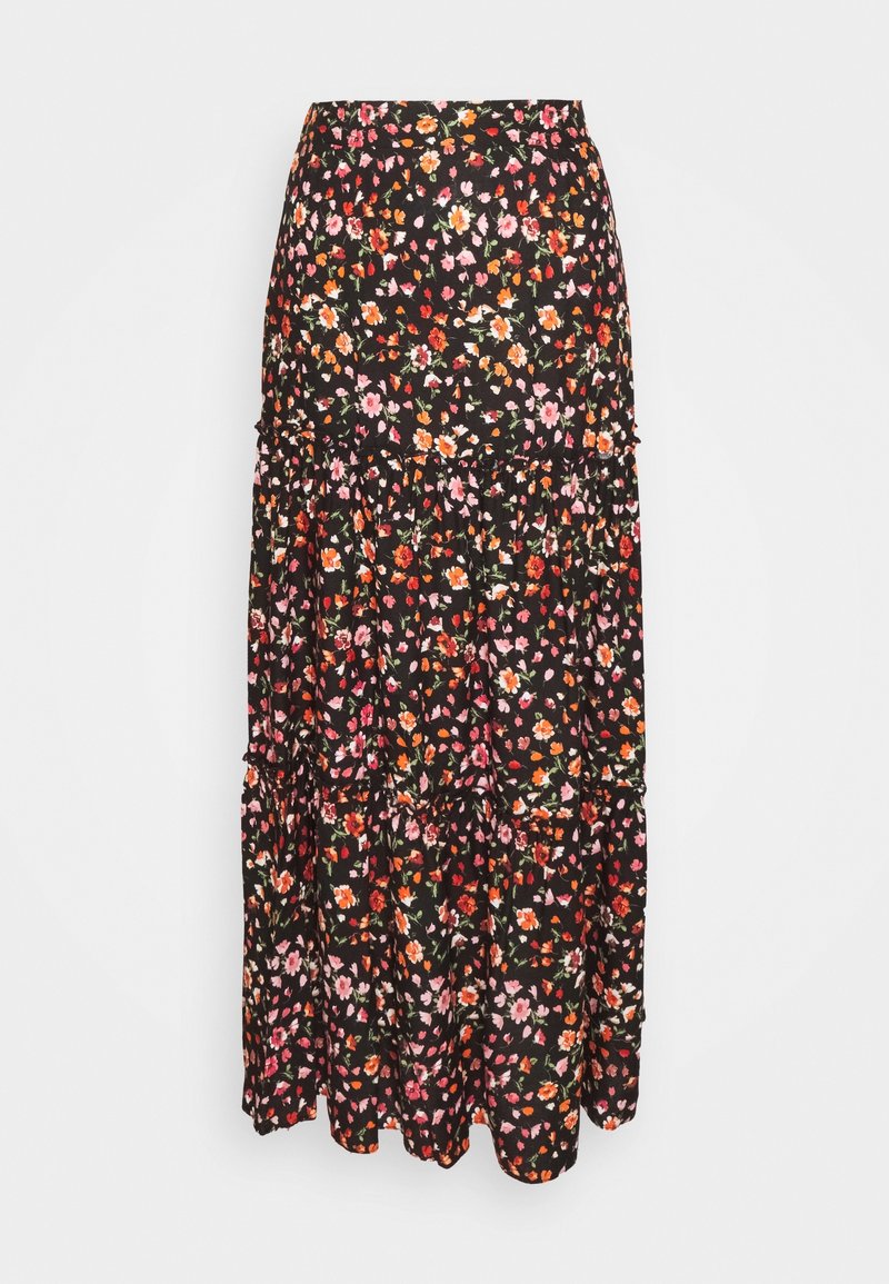 Jupe maxi noire à volants avec un petit imprimé floral rose, orange et rouge et une taille plate.