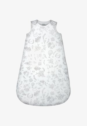 Witte mouwloze baby-slaapzak met lichtgrijze vintage-stijl prints van heteluchtballonnen, hobbelpaardjes, bloemen en vlinders.