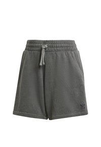 Gray cotton blend shorts with an elastic waistband, drawstring, and side pockets. Features embroidered logo on the lower left side.