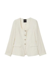 Blazer crema con scollatura tonda, chiusura con cinque bottoni, due tasche frontali e maniche leggermente svasate. Tessuto liscio con vestibilità sartoriale.