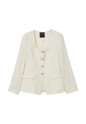 Blazer crema con scollatura tonda, chiusura con cinque bottoni, due tasche frontali e maniche leggermente svasate. Tessuto liscio con vestibilità sartoriale.