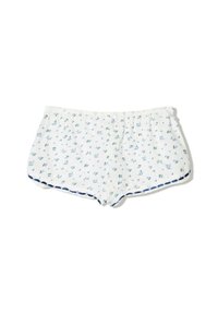 Vita bomullsshorts med ett blått blommönster, med resårmidja och marinblå kantning längs fållen. Mjuk textur och lätt design.