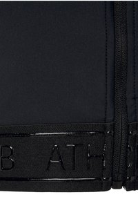 Black athletic jacket featuring a zippered closure, smooth fabric, and a textured logo band at the hem. Minimalistic design with no visible patterns.