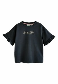 T-shirt nera in cotone con maniche corte e arricciate, con logo scritto in oro che recita "Baker by Ted Baker" sul davanti.