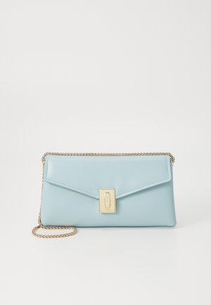Light blue leather clutch bag with a gold-tone clasp, chain strap, and minimalist design; features a triangular flap and smooth texture.