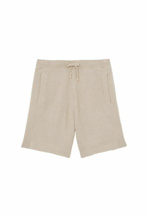 Pantaloni scurți bej tricotati, cu panouri frontale texturate, buzunare laterale, talie cu nervuri și șnur de ajustare în talie.