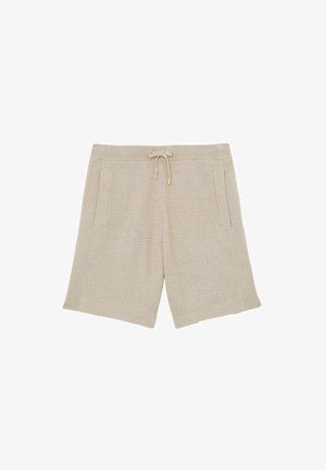 Beige gestrickte Shorts mit strukturierten Frontpaneelen, Seitentaschen, geripptem Taillenbund und Kordelzug an der Taille.
