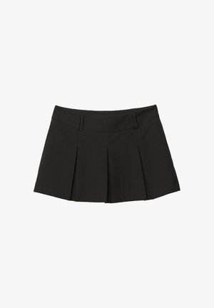 Schwarzer, plissierter Rock mit einem enganliegenden Taillenbund und einer weichen Textur. Mit vorderen Falten gestaltet, um zusätzliche Form und Stil zu verleihen.