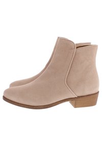 Beiga mockalädersstövlar med rund tå, elastiska sidopaneler och en låg träklack. Slät textur, minimalistisk design.