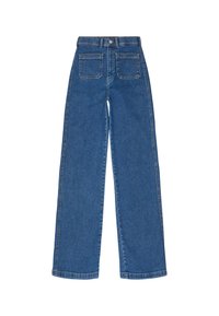 Jeans de mezclilla azul de pierna ancha con una cintura de altura media, que presentan dos bolsillos traseros y costuras visibles a lo largo de las costuras. Textura suave.