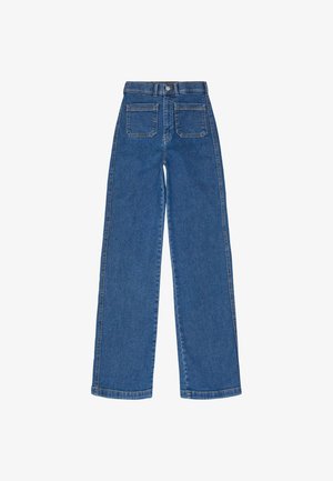 Wide-leg blue denim jeans with a mid-rise waist, featuring two back pockets and visible stitching along the seams. Smooth texture.