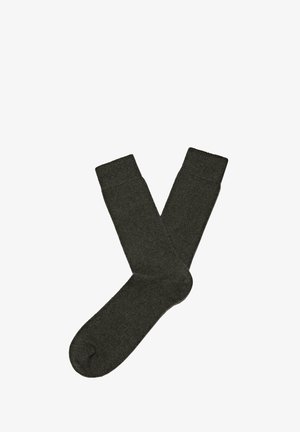 Dark gray socks made of a soft, textured material with a ribbed cuff, featuring a classic design and a seamless toe closure.