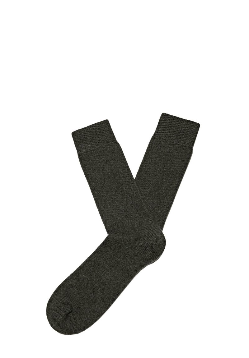 Dunkelgraue Socken aus einem weichen, strukturierten Material mit einem gerippten Bündchen, die ein klassisches Design und eine nahtlose Zehenverschluss bieten.