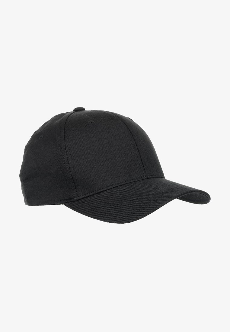 Schwarze Baseballmütze aus Baumwollmaterial. Mit gebogenem Schirm, sechs Paneelen und Belüftungsöffnungen für Atmungsaktivität.
