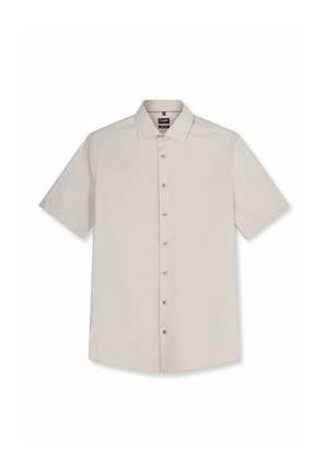 Chemise beige à manches courtes avec col classique, sept boutons sur le devant, présentée sur fond blanc.