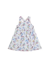 Ärmelloses Kleid aus leichtem Stoff mit einem Druck von Meerjungfrauen und Meereslebewesen. Es hat einen gerafften Rock und überkreuzte Träger mit gewelltem Saum.