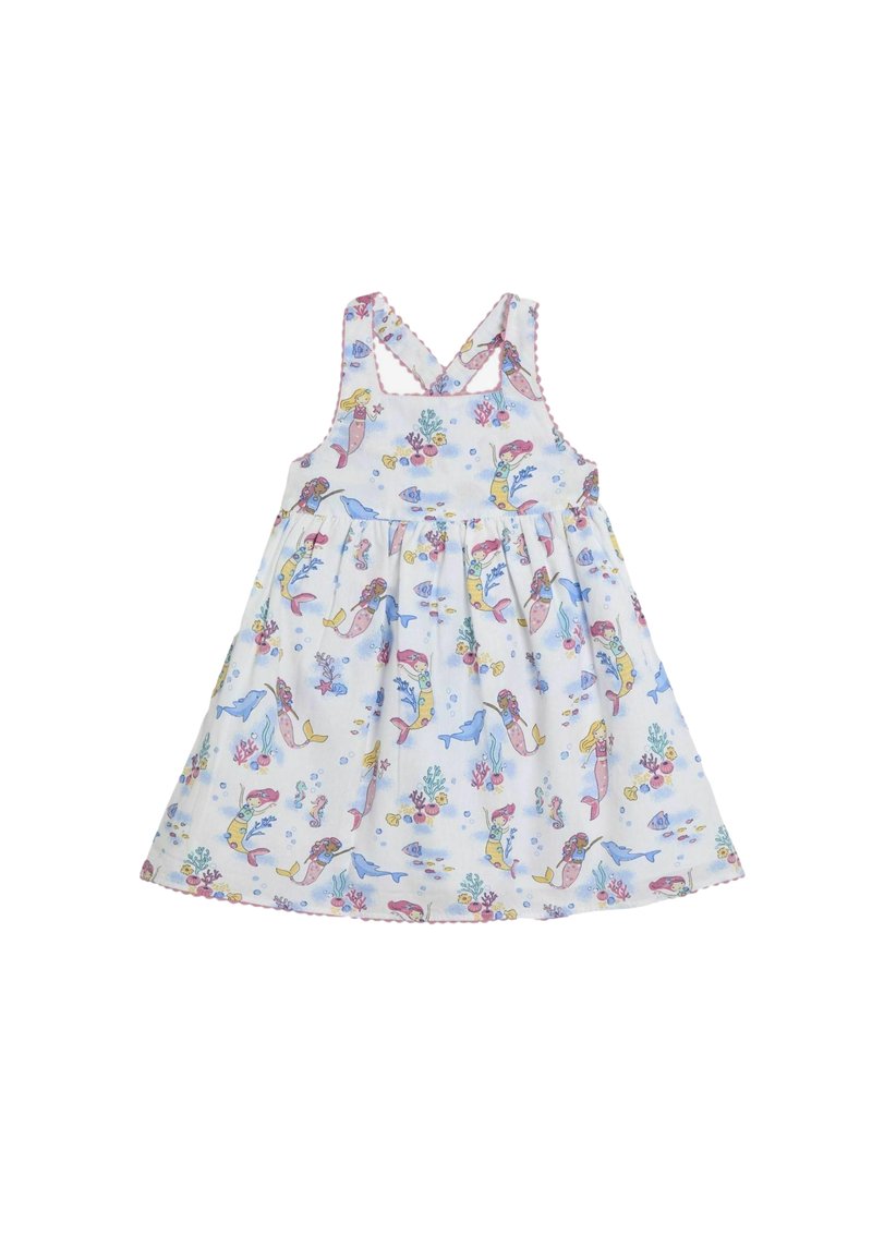 Rochie fără mâneci dintr-un material ușor, cu un print de sirenă și viață marină. Dispune de o fustă plisată și bretele încrucișate cu margine zimțată.