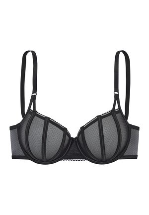 Schwarzer Bügel-BH mit transparenten Mesh-Cups und verstellbaren Trägern, mit vertikalen Nahtdetails und Haken-Ösen-Verschluss am Rücken.