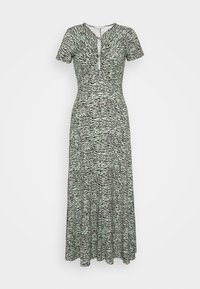 Maxi dress in a green-black zebra print. Features short sleeves, a V-neckline, and gathered detailing at the chest. Smooth, stretchy fabric.