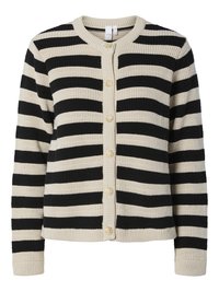 Cardigan a righe beige e nero, con texture a coste, scollatura tonda e cinque bottoni decorativi in tono oro nella parte anteriore.