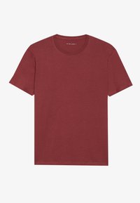Burgunderfarbenes T-Shirt mit kurzen Ärmeln und Rundhalsausschnitt, aus weichem Material gefertigt. Verfügt über eine glatte Textur und einen geraden Saum. Einfaches Design, keine Muster.
