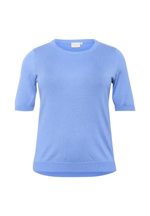 Light blue short-sleeve sweater with a crew neck, made of soft knit material, featuring a subtle texture and a relaxed fit.