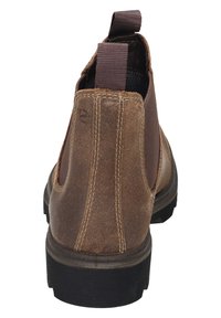 Bottes chelsea en cuir marron avec des panneaux élastiques sur les côtés, finition texturée et tirant à l'arrière. Semelle en caoutchouc noir avec un motif en relief.
