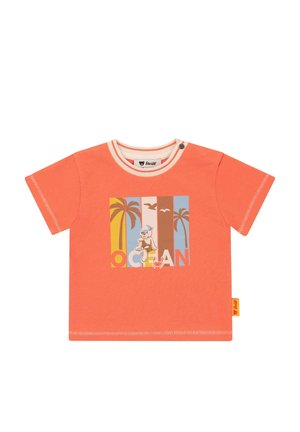 Coral short-sleeve t-shirt with a round neck, featuring a colorful graphic of a bear and palm trees. Soft cotton fabric with contrasting stitching.