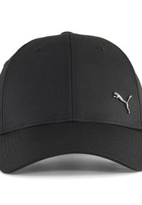 Must must, mis hargneht lõikega, millel on kõver ääre ja esiküljel hõbedane Puma logo. Klassikaline disain ja õmblusdetailid.